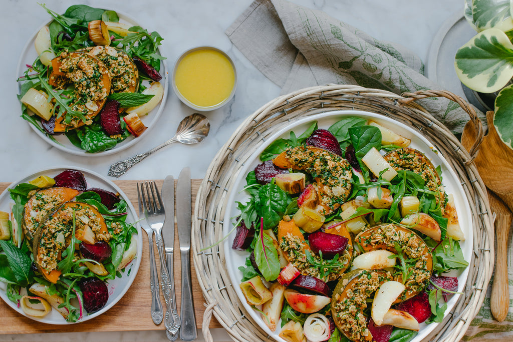 Baked Pumpkin and Warm Leek and Beetroot Salad
