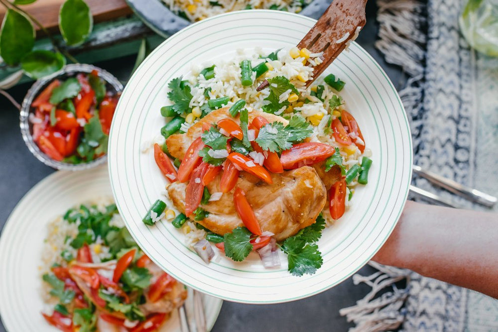 chicken with warm rice salad salsa