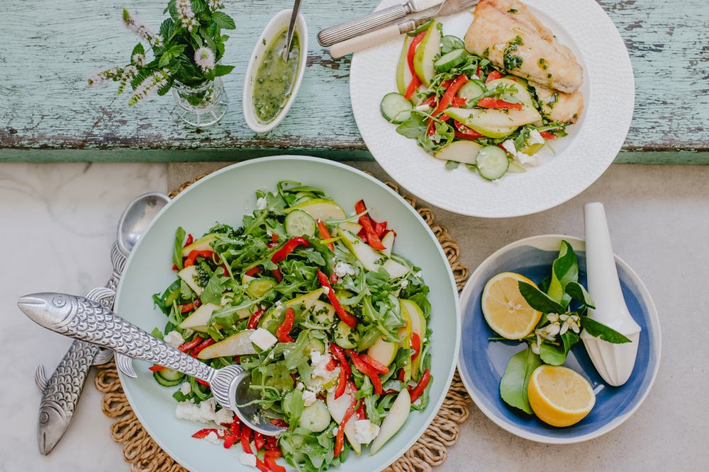 south west fried fish with capsicums pear rocket salad