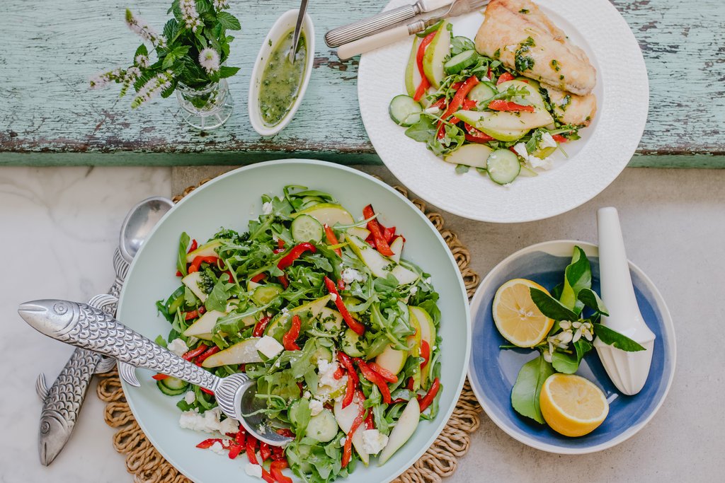 south west fried fish with capsicums pear rocket salad
